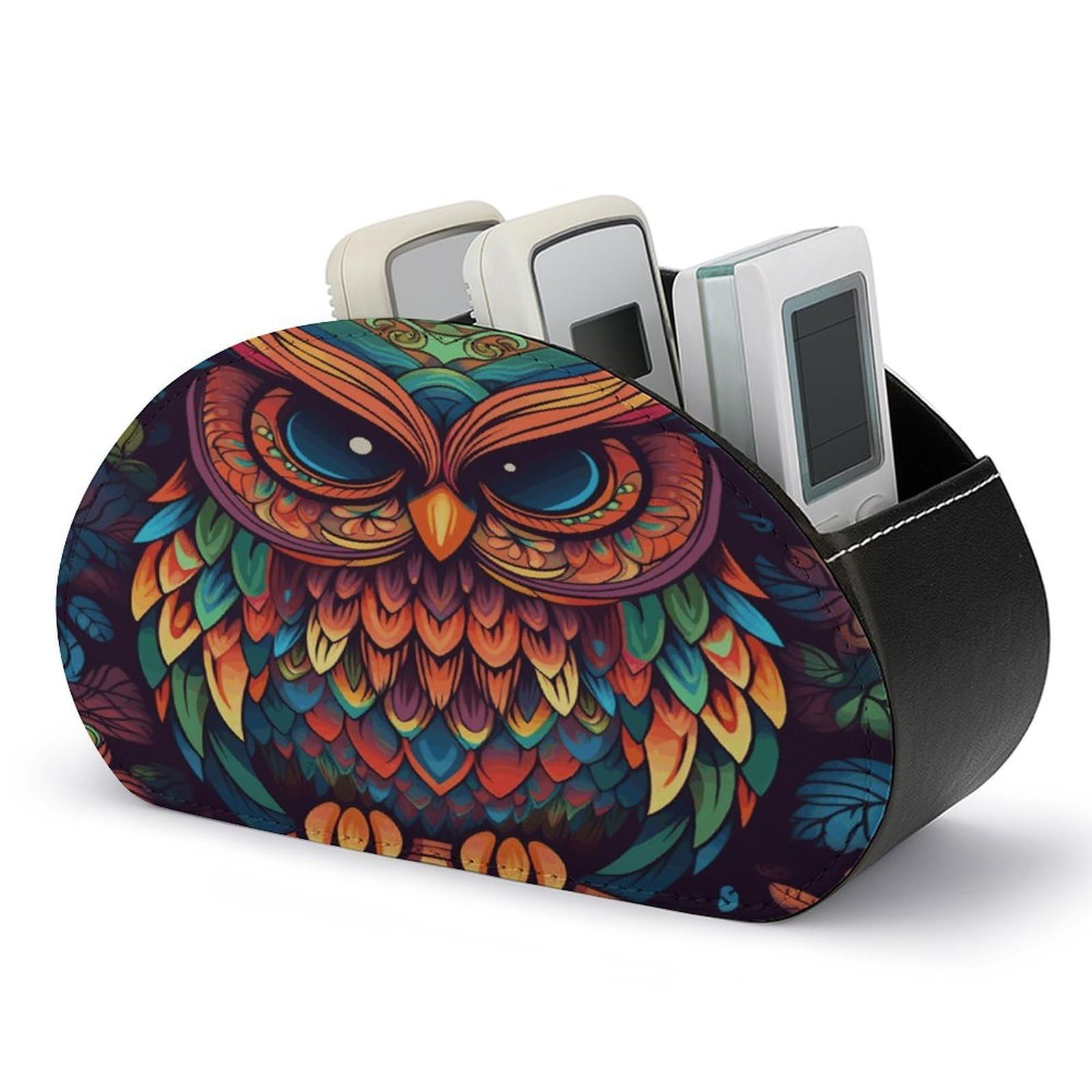 VstaDank Color Owl Pattern Remote Control Holder with 5 Compartments PU Leather Remote Caddy Desktop Organizer Store TV Remote Control Storage Box for Home Office Desk Nightstand