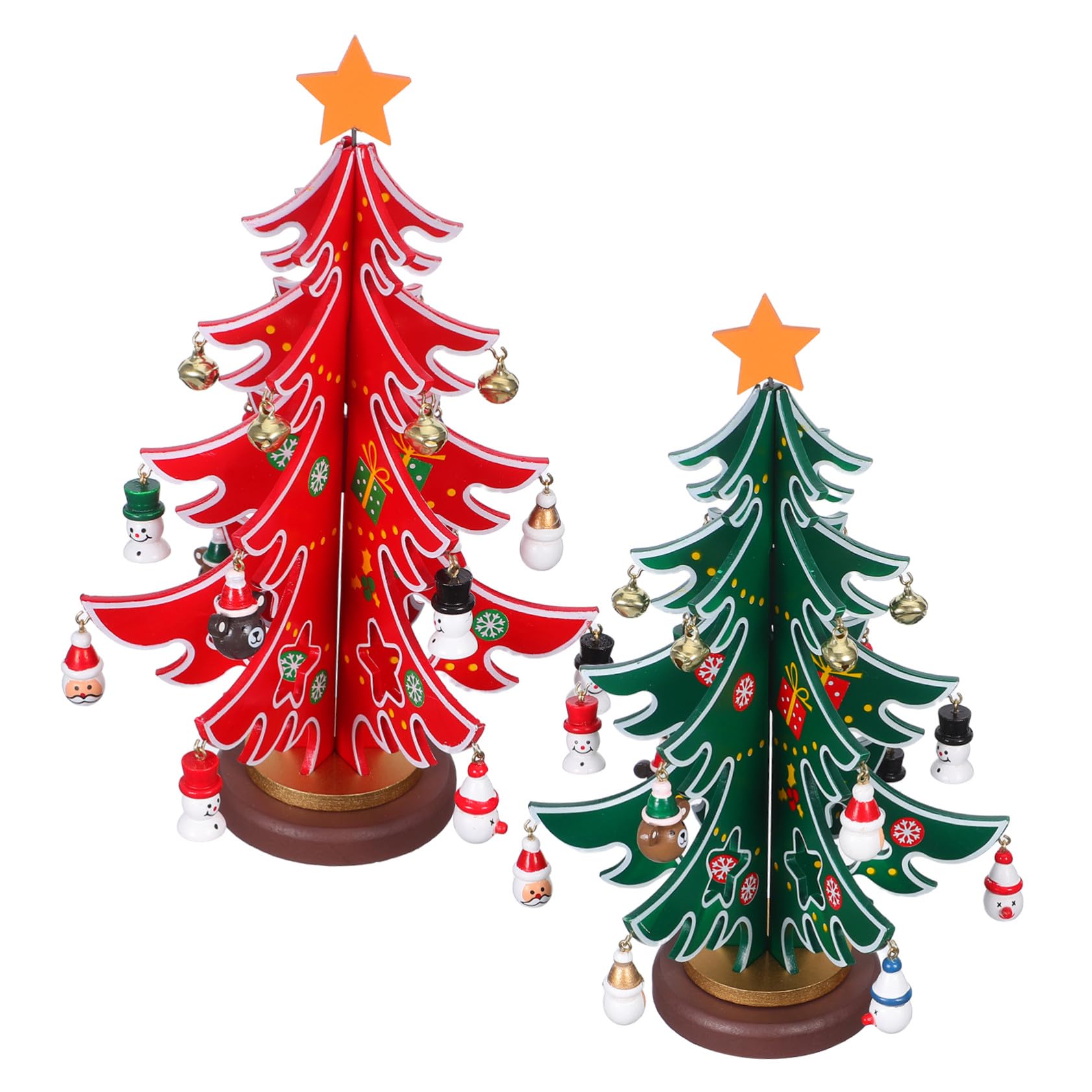 2 Piezas Mini Árboles de Navidad de Madera Tallada Decoraciones Navideñas Pequeñas para Mesa y Escritorio Verde y Rojo Adornos Artesanales para Festivo