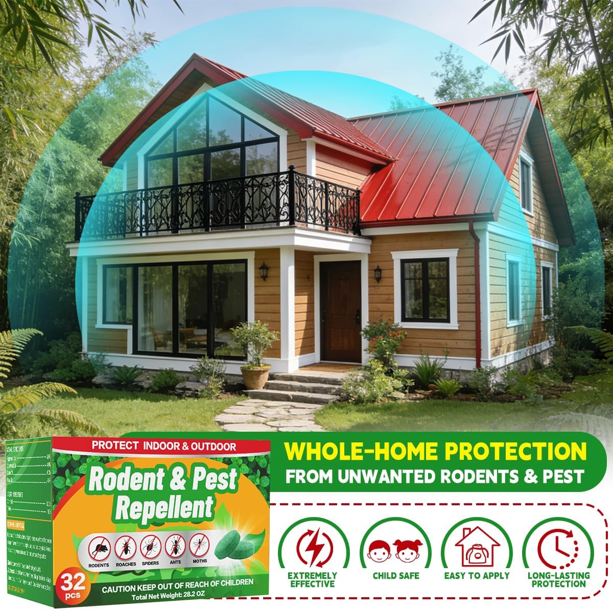 Rodent Mole Repellent for Indoor Outdoor - Peppermint Essential Oil Extra Strength for Mice Rat Mouse Bug Spider Roach Repellent Pouches, Moth Balls Pest Control Natural Home Safe 32 Packs