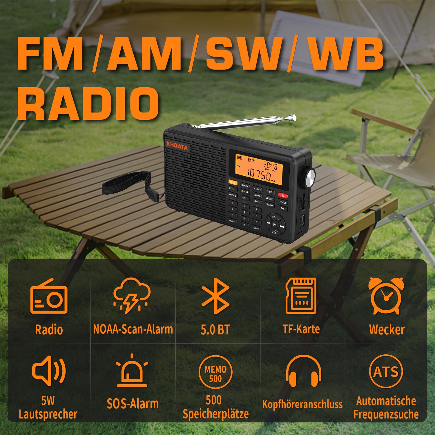 XHDATA D109WB Klein Tragbares Retro Radio FM/AM/LW TF/Bluetooth MP3-Player SOS-Alarm Küchenradio Outdoor Camping Notfall Senioren Kinder