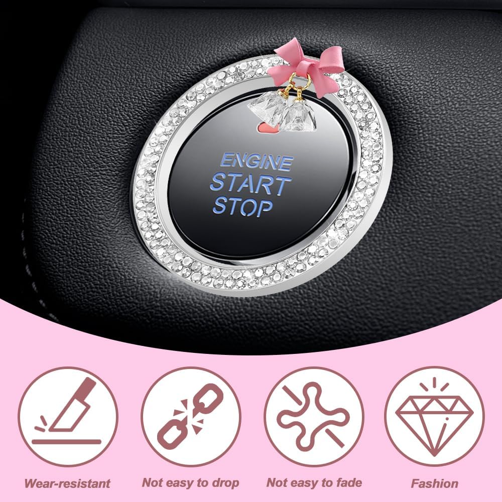 Car Push Start Button Cover Ring, Engine Start Button Cover, Cute Bow Bling Car Engine Stop Decoration Ring, Auto Sparkly Rhinestone Bell Key Ignition Knob Sticker for Women Girls (White) image 4