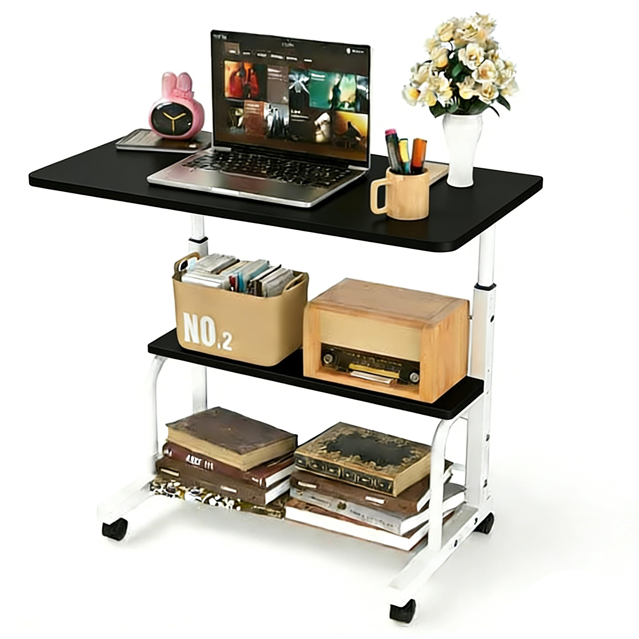 Adjustable Height Mobile Computer Desk Portable Standing Desk with Wheels 23 6 Desks with Storage Shelves for Small