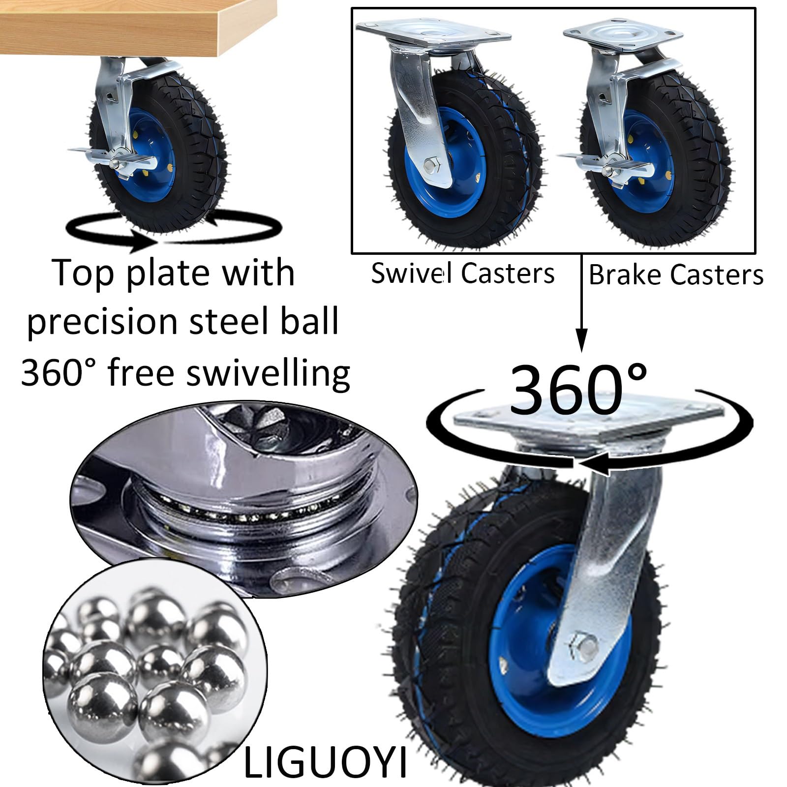 Set di 2 Ruote girevoli di Ricambio, Ruote girevoli pneumatiche con Freno, Ammortizzazione, Ruote fisse da 6"/8"/10", per carrelli a Mano/carrelli portautensili/carrelli da giardin
