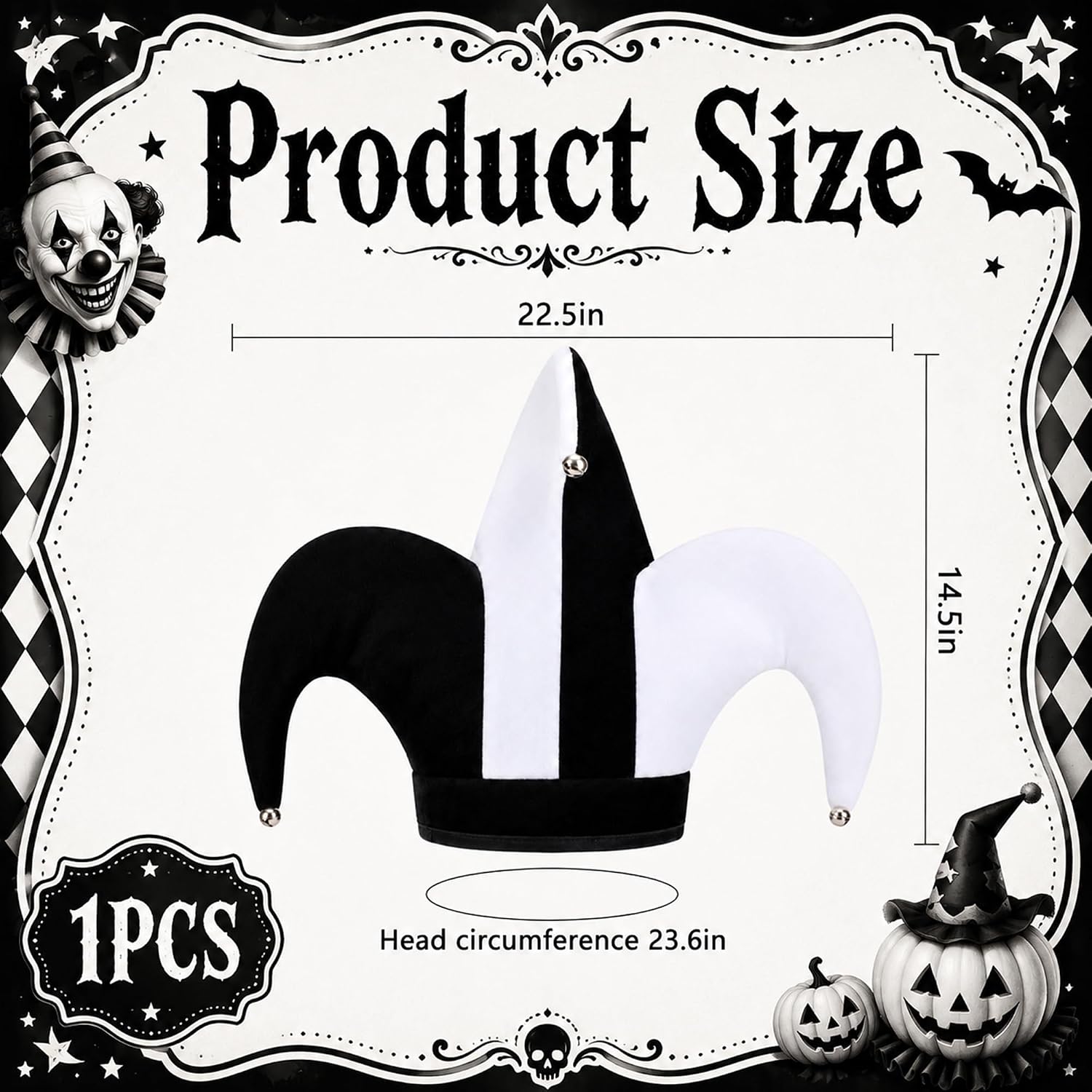 Black & White Jester Hat Costume, Circus Clown Cap for Halloween Carnival