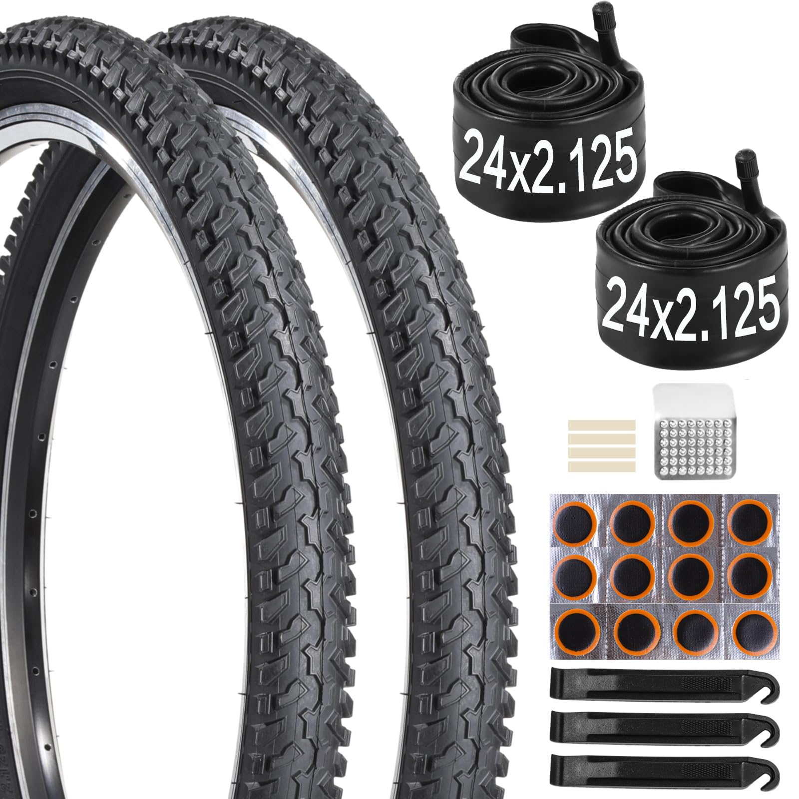 yeesport Fahrradreifen 24 Zoll Set – 2 Stück 57-507 24x2.125 Mantel & 24x1.95-2.125 Schlauch mit AV 35mm & Reparaturkit, 24 Zoll Faltbare MTB- Reifen für Mountainbike, Tragbar und Ersetzbar Sport & Freizeit