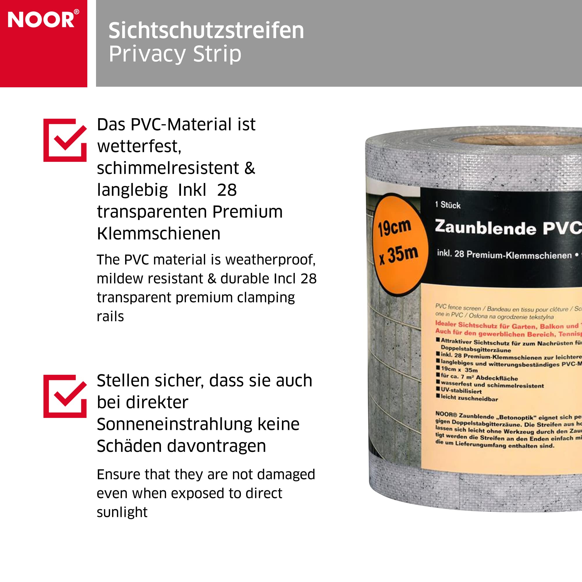NOOR Sichtschutzstreifen PVC BLICKDICHT - Zaunblende Beton 0,19 x 35 m | blickdichter Wind- & Sichtschutz für Doppelstabmattenzaun 630 g/m² - wetterfest, UV-beständig, inklusive 28 Klemmschienen