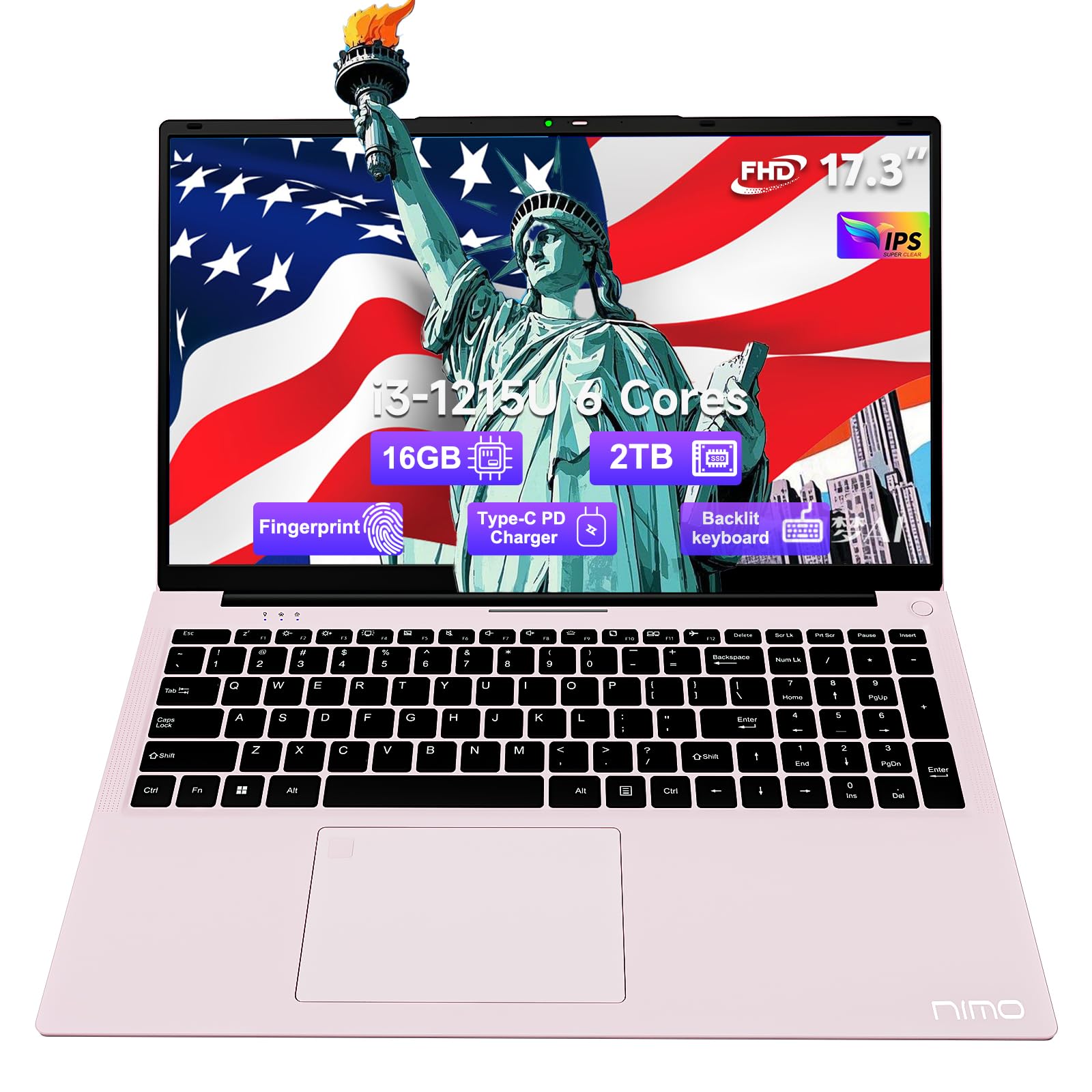 NIMO 17.3 Business-Laptop, 16GB RAM 2TB SSD, Intel Core i3-1215U, Windows 11 Computer PC with Backlit Keyboard Fingerprint Unlock 65W Type-C WiFi 6 BT5.2 54Wh Battery for Students Seniors Home Office