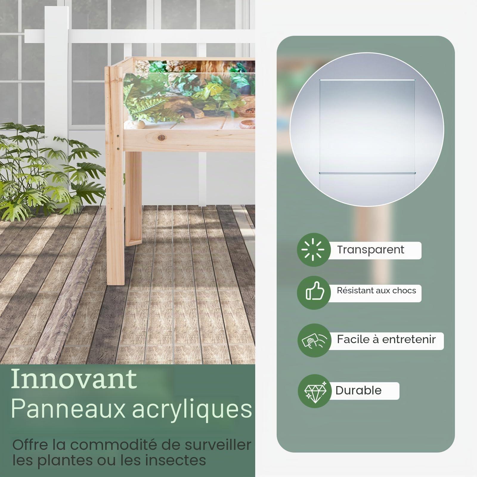 HOMASIS Carré Potager sur Pied en Bois de Sapin, Parterre de Fleurs Surélevée d'Extérieur avec Plaque Acrylique & 2 Trous d'échappement, Jardinière Surélevée pour Balcon, Jardin, 100 x 59 x 77 cm