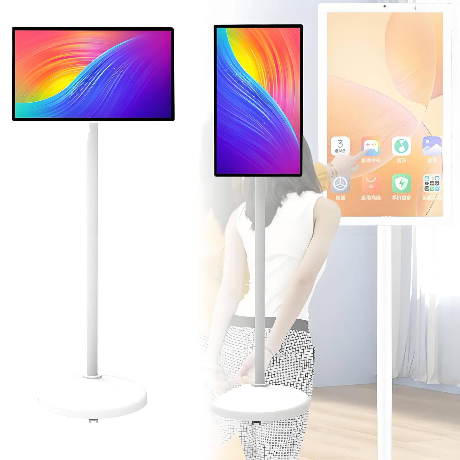 Smart screen TV portatile con telecomando, monitor wireless su ruote, touch screen con batteria integrata e rotazione completa, 24 pollici