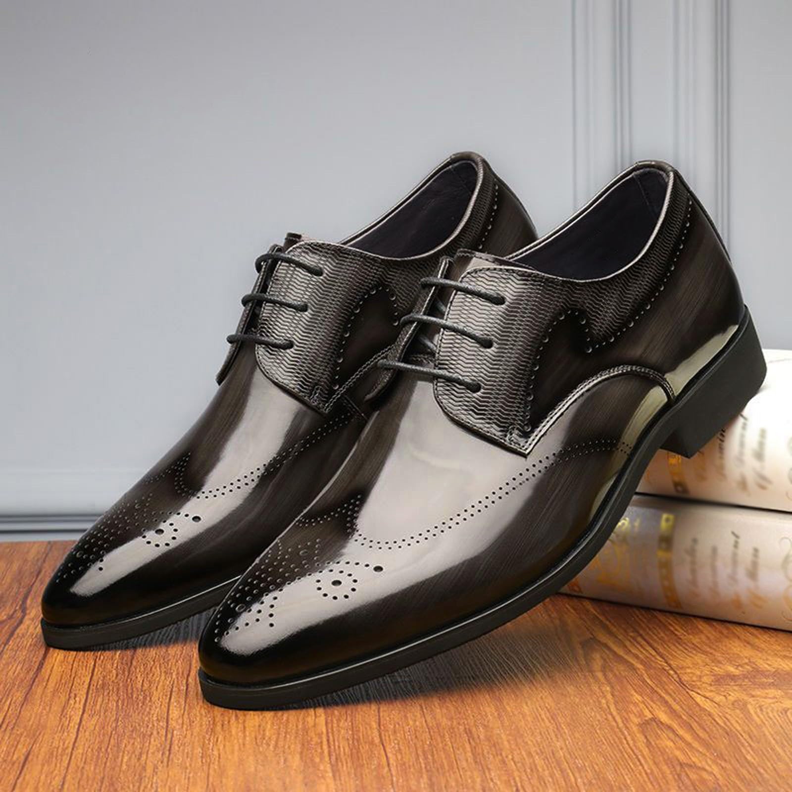 Męskie buty z brogsem eleganckie formalne sznurowane oksfordy sztuczna skóra biuro obuwie ślubne, szary, 39.5 EU