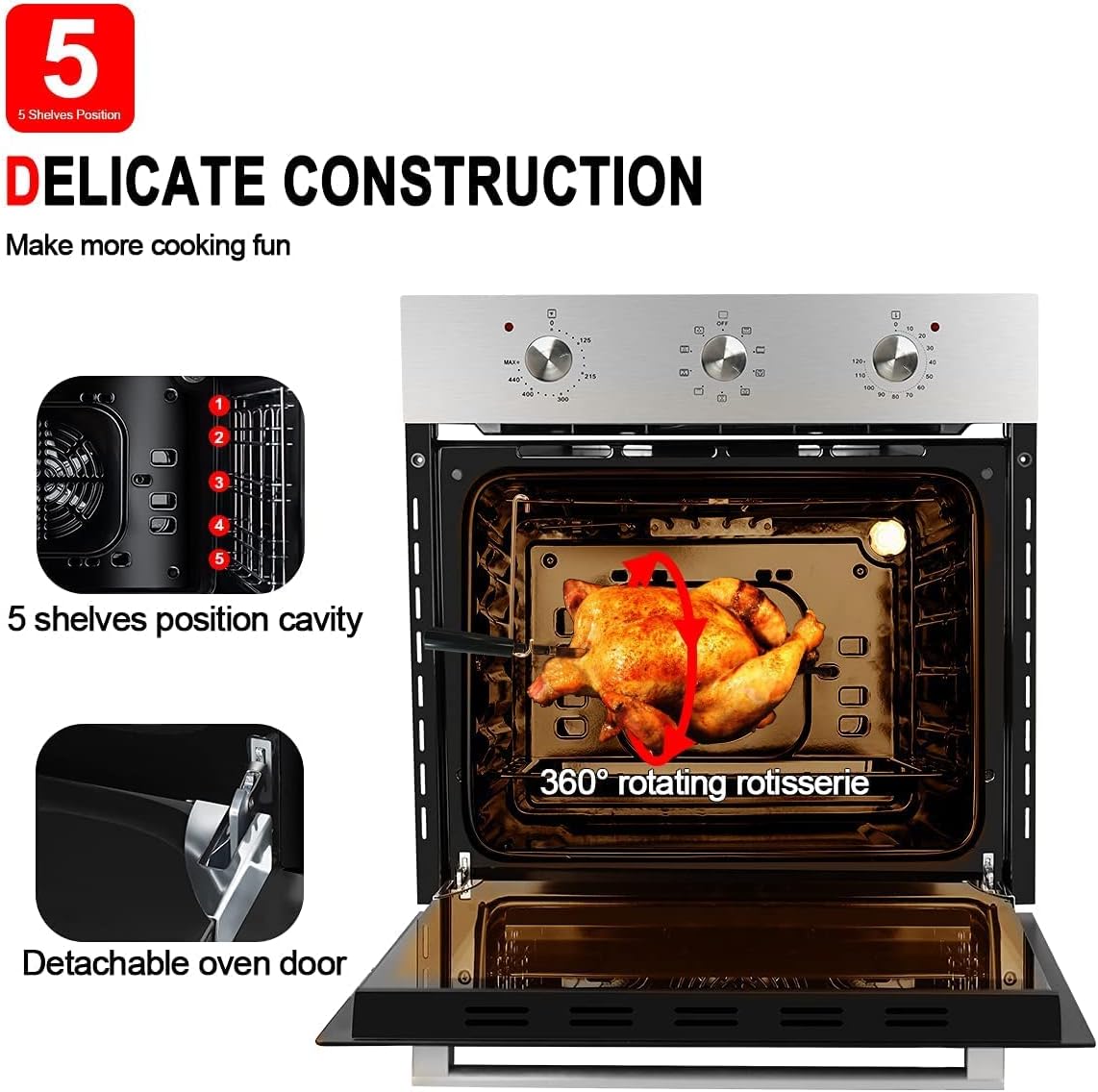 Super Brands Single Wall Oven, GASLAND Chef ES609MS 24 Built-in Electric Wall Oven, 240V 3200W 2.3Cu.f Convection Wall Oven with Rotisserie, 9 Cooking Modes, Mechanical Knob Control, Transparent Window, Stainless
