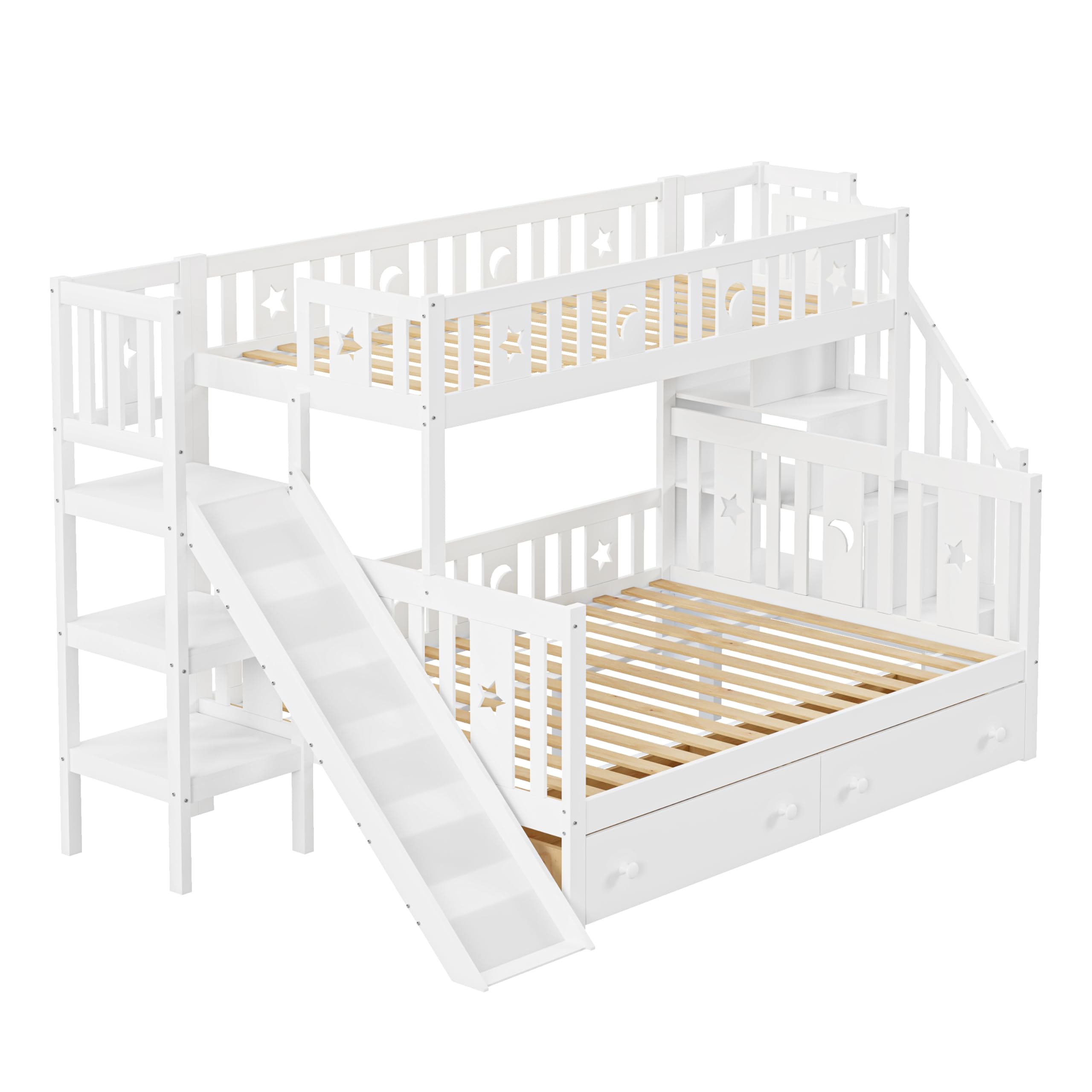 Massivholz-Etagenbett Kinderbett 90x200 & 140x200 für 2-3 Kinder, Multifunktionsbett mit Rutsche & Regalen, Hochbett mit Stauraum Treppe & 2 Schubladen, Stockbett Kinderhochbett Jugendhochbett, Weiß