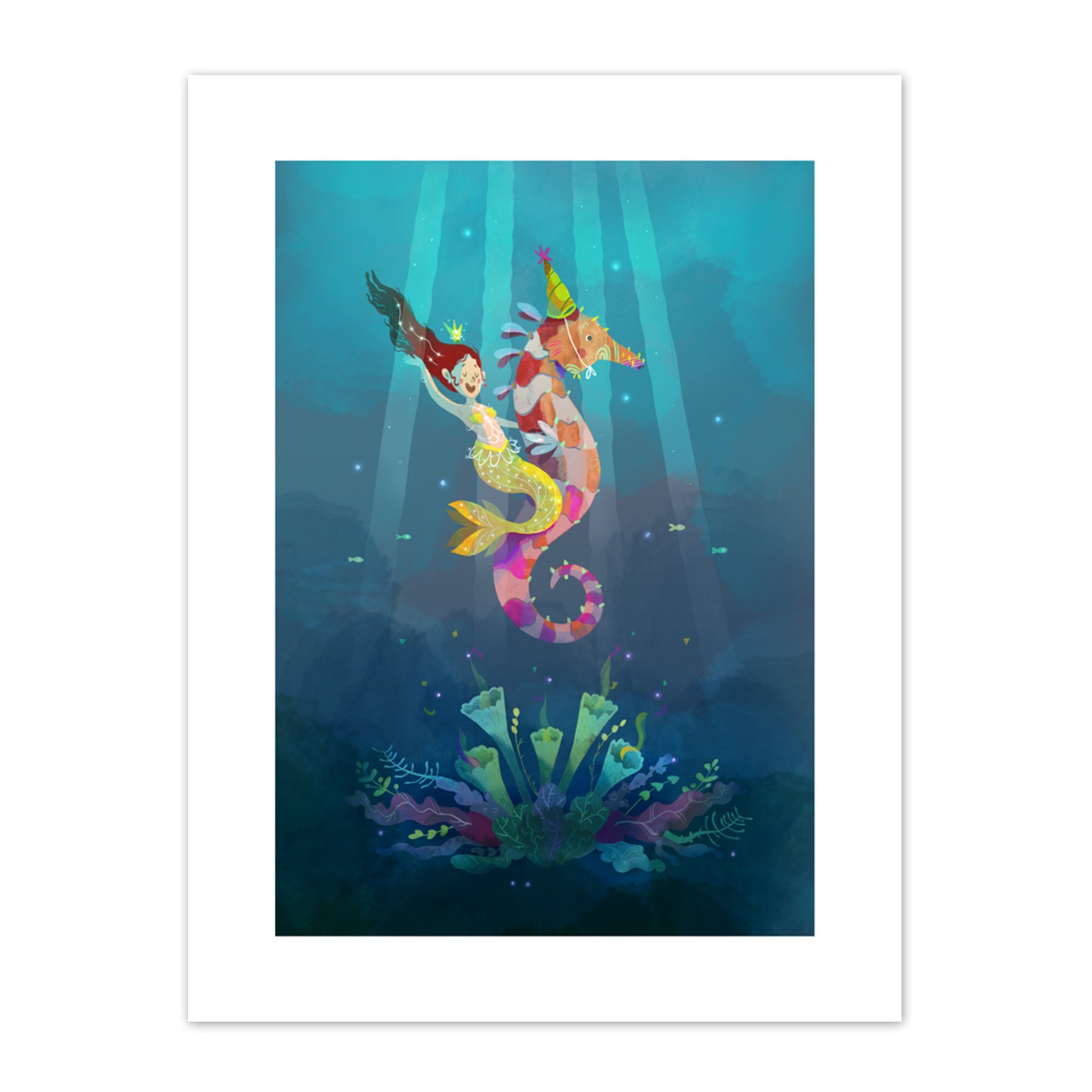 Wee Blue Coo Mermaid Seahorse Yellow Canvas Art Print