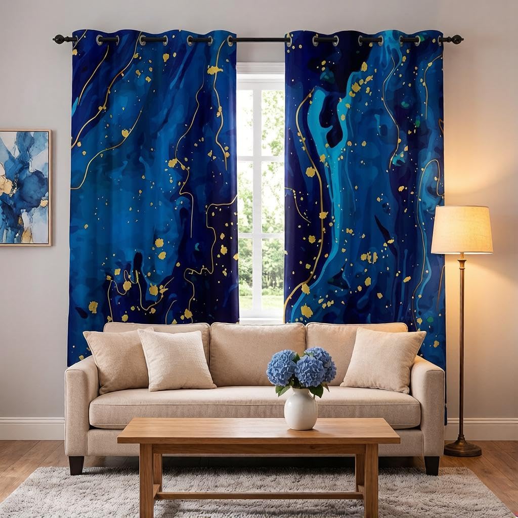 Loussiesd Marble Room Darkening Curtain Blue Gold Marble Print Curtains for Bedroom Modern Blue Thermal Insulated Window Drapes Kids Women Adults Abstract Art Window Treatment W66*L90 — image 1