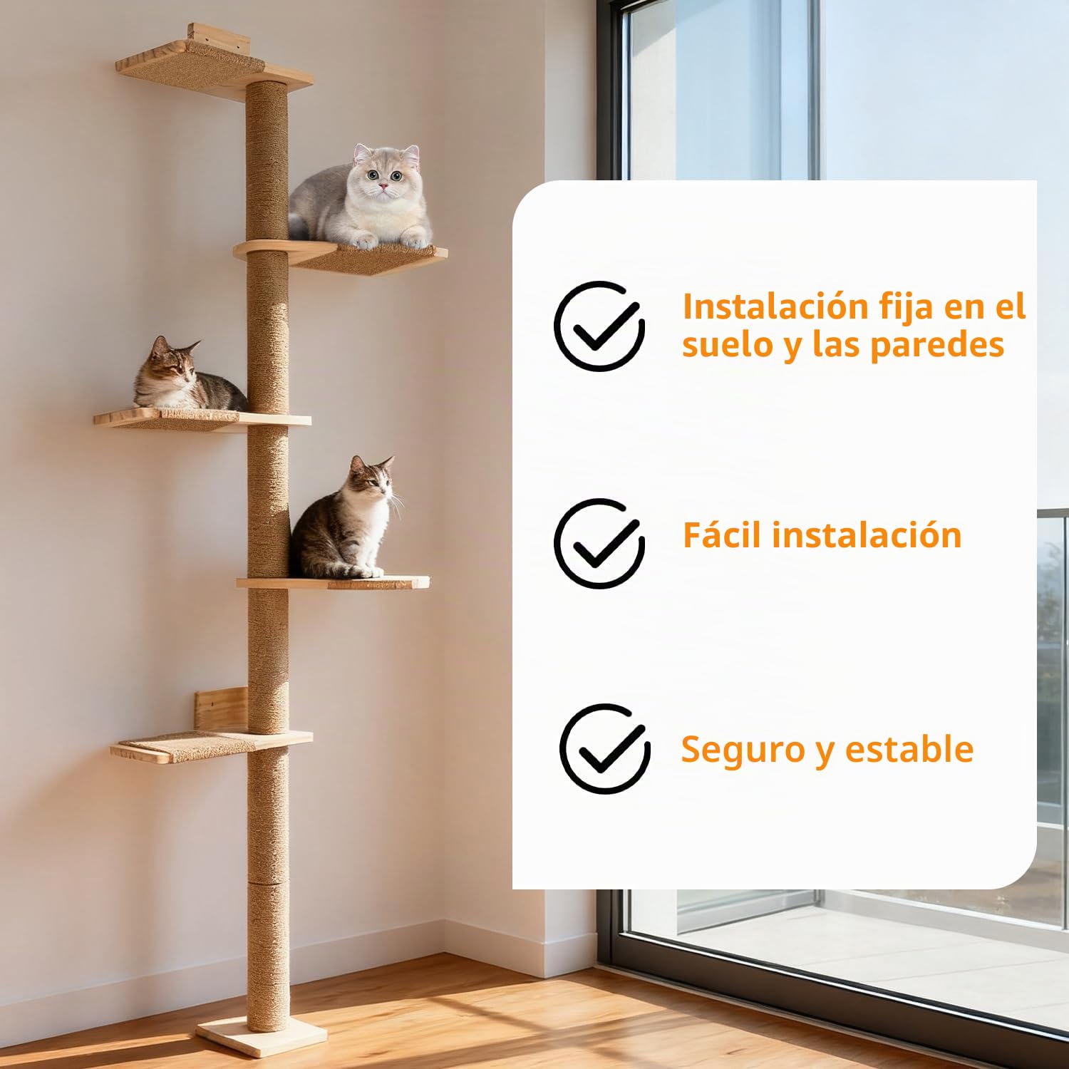 Rascador Grande de 205 cm, Pared de Escalar para Gatos, Ajustable en Altura, Torre para Gatos de 5 Niveles, árbol de Gatos montado en la Pared para Que los Gatos escalen y rasquen
