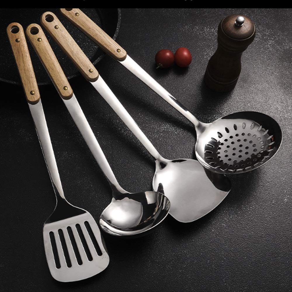 Espátula para el hogar, mango de madera, espátula de cocina de acero inoxidable antiescaldado, cuchara de sopa, cuchara ranurada