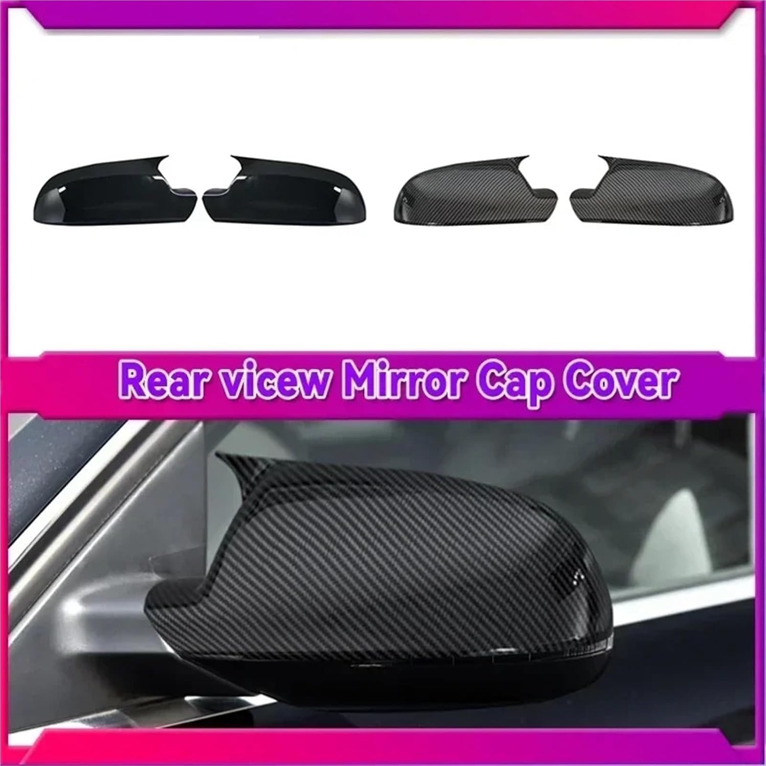 2 X Carbon Fiber Look Add-on Style Rearview Mirror Cover Cap Black Compatible With Audi A4 A5 S4 S5 B8.5, RS3 RS4 RS5, A3 8P B8.5 Horn Shape(Bright black)