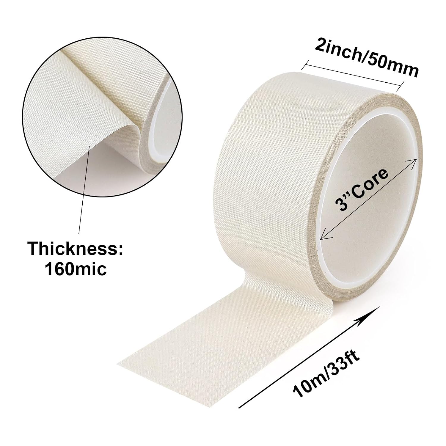BOMEI PACK White PTFE Teflonn Glass Cloth Tape, 2inch x 33ft High Temperature Tape Fiberglass Adhesive, Heat Resistant for Fabric,High-Speed Sealing Machine,Vacuum Sealer Machine,1 Pack