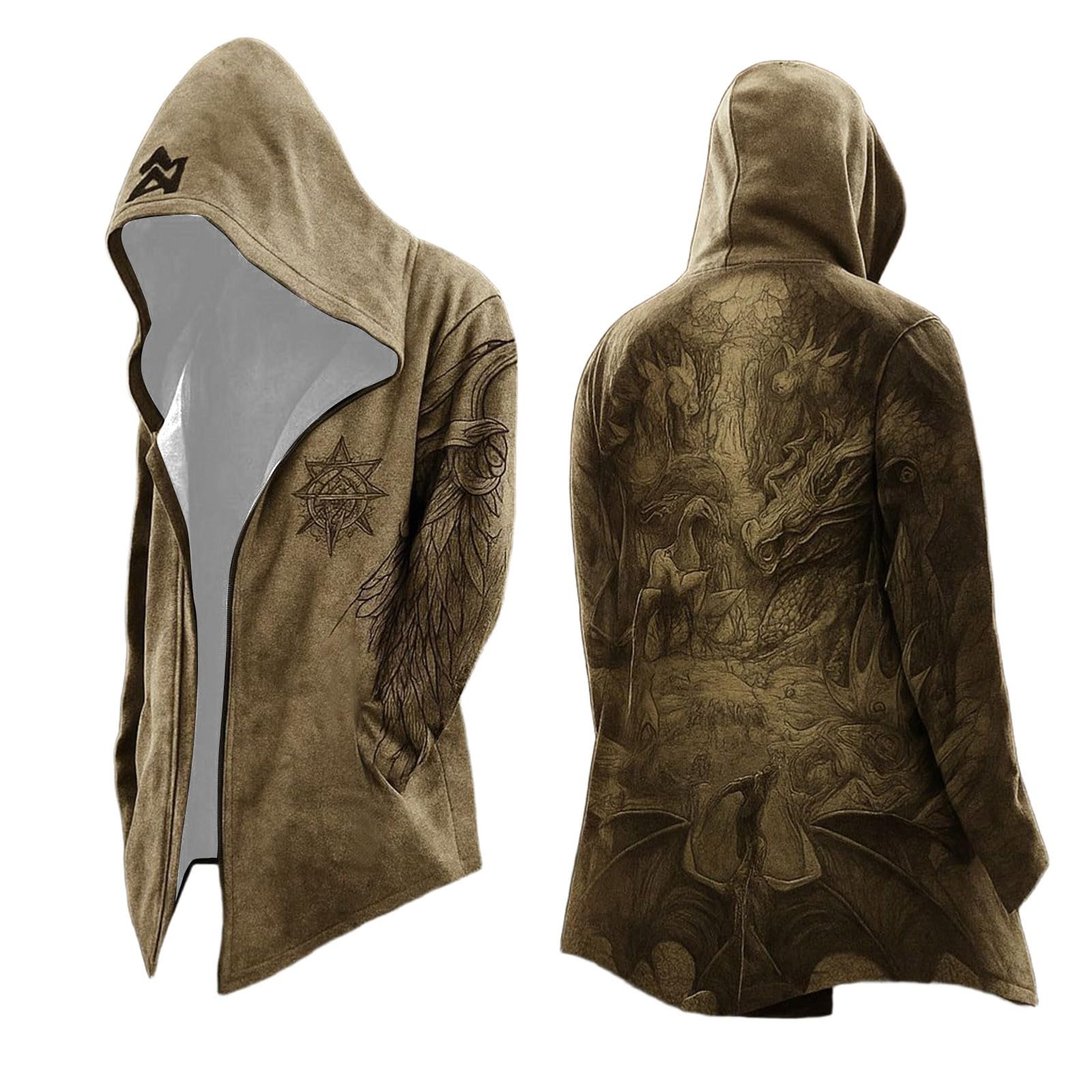 Generisch Medieval Printed Cardigan Long Hooded Leisure Outdoor Men's Cardigan, khaki, M