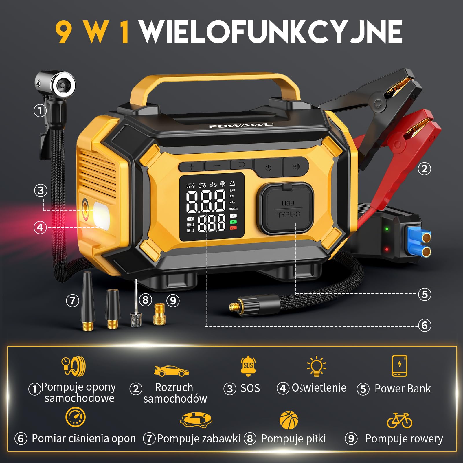 FOWAWU Rozrusznik Awaryjny, 8000A Booster Powerbank | wszystkie benzyna, diesel do 10L, kompresor 150PSI, 4 końcówki, 3 tryby LED, powerbank – idealne na podróże i zimowe rozruchy