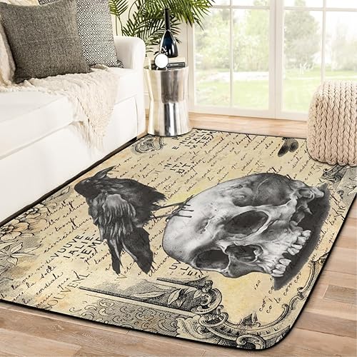 Miniatura 6 de Alfombra de calavera de Halloween para sala de estar, dormitorio, 4 x 6 pies, alfombra vintage de cuervos negros para comedor, sala de juegos,