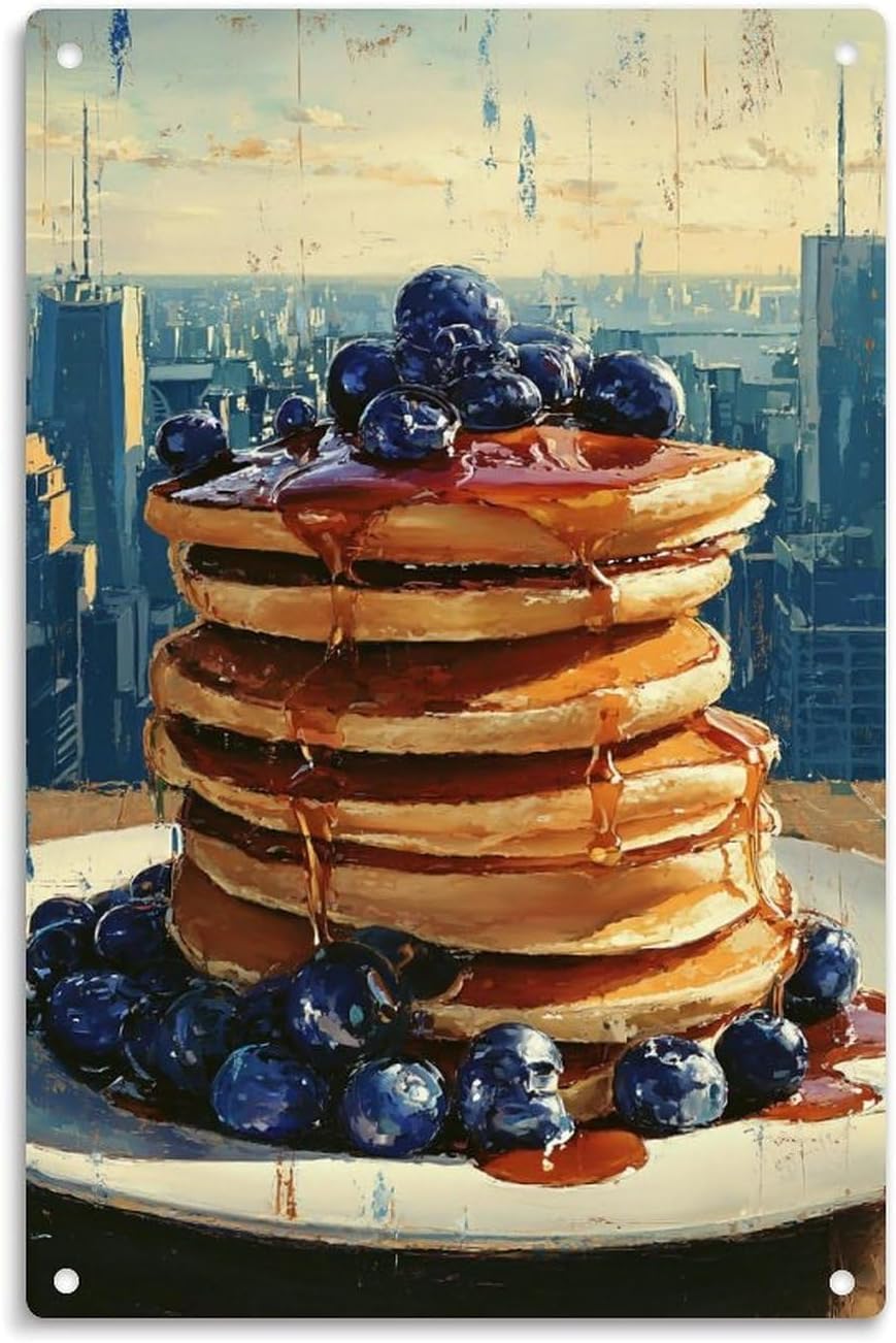 Delicious Blueberry Pancakes Syrup Stack Vintage Breakfast Metal Sign Print Room Decoration Metal Tin Sign 8X12 Inch