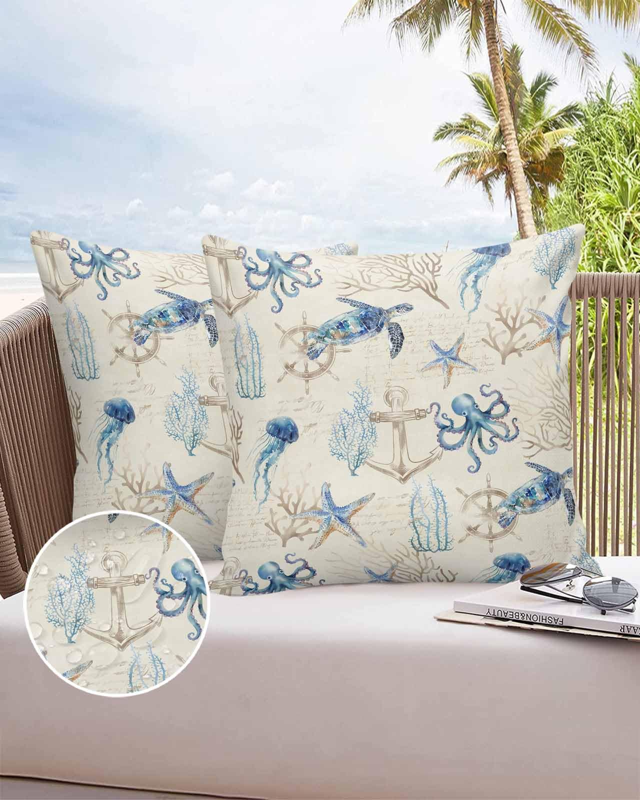 Boanket Outdoor Pillow Covers 26 x 26 in, Nautical Coastal Waterproof Throw Pillow Cover Set of 2, Vintage Beach Octopus Turtle Jellyfish Home Decorative Square Cushion Covers for Patio/Couch/Garden