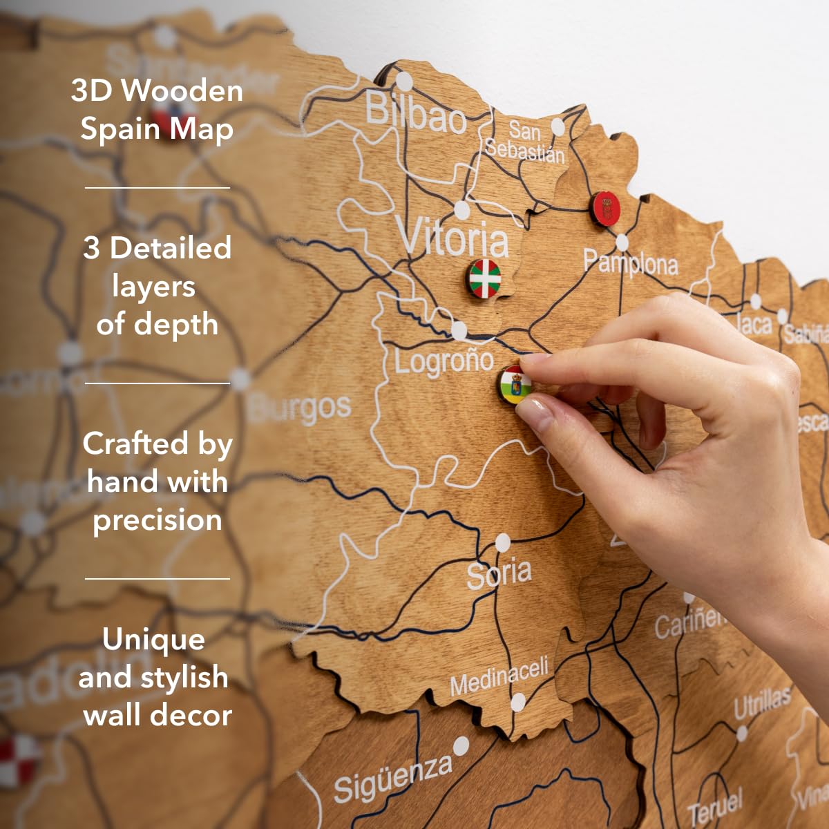 Enjoy The Wood Decoracion de Pared en 3D de Madera - Mapa España Para Marcar Viajes Hecho a Mano con Pines - Idea de Regalos para Viajeros Mapa de España (Oak, S, Sin marco)