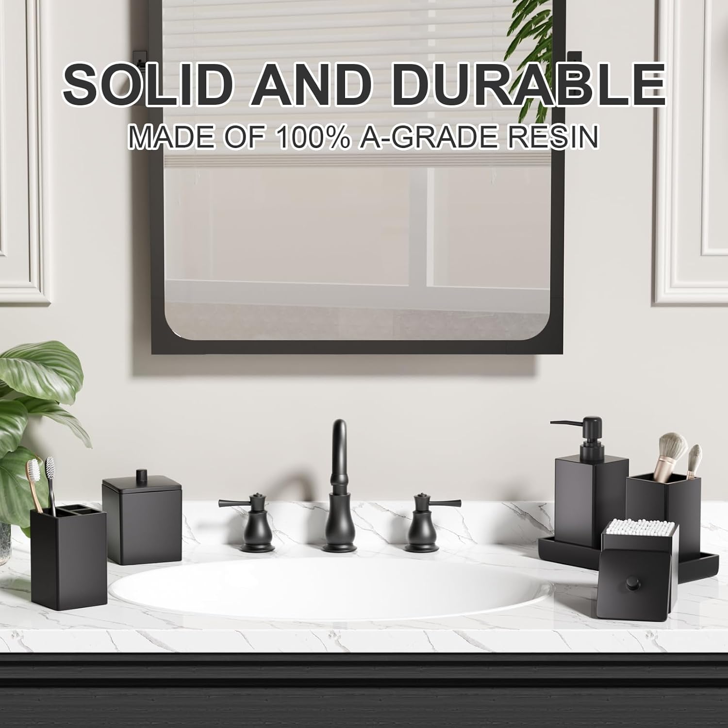 Black Bathroom Accessories Set Resin 6PCS, Square Toothbrush Holders Set Complete with Soap Dispenser, Vanity Tray, Tumbler, Cups and Cotton Swab Jars for Counter, Sink or Small Spaces - Image 2