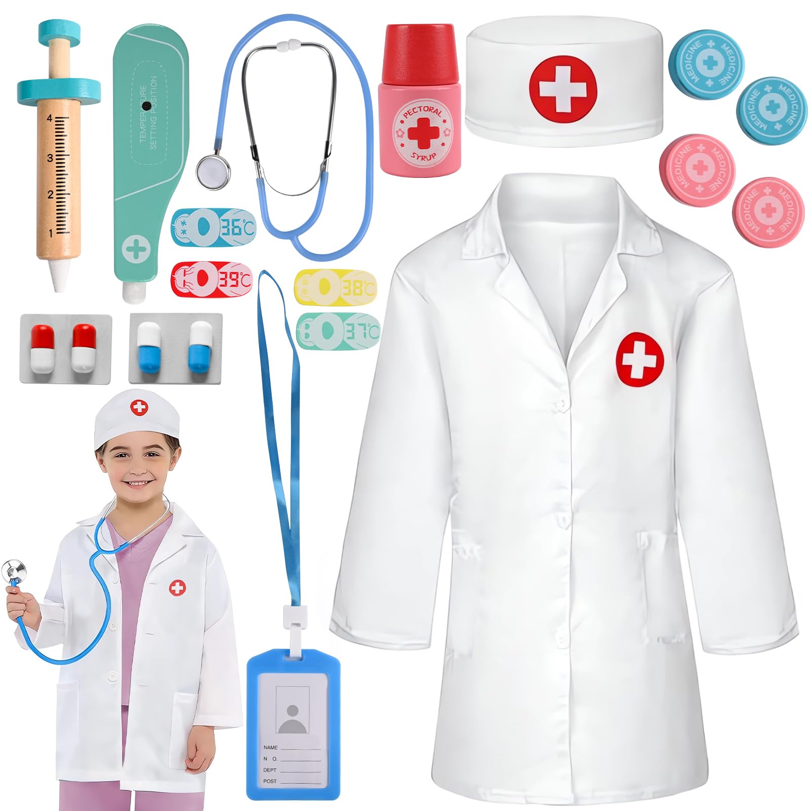 Comius SharpKids Doctor Case, Wooden Doctor House Fake Play - With Real Stethoscope, Doctor Costume, Funny Cosplay Gift for Christmas, Children's Day, Birthday, Age 3+