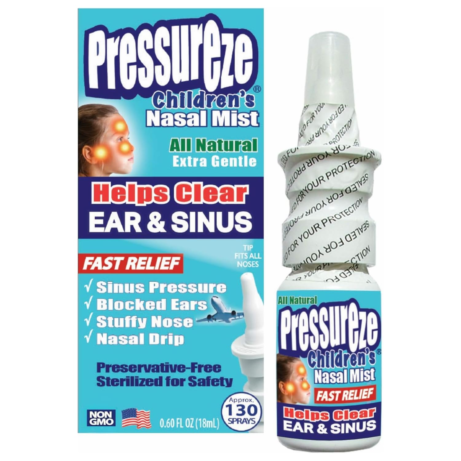 Pressureze All Natural Preservative-Free Sterile Nasal Spray for Children - Fast Relief Nasal Spray - for Sinus Allergies & Congestion |130 Sprays, 18 ml (Pack of 3)