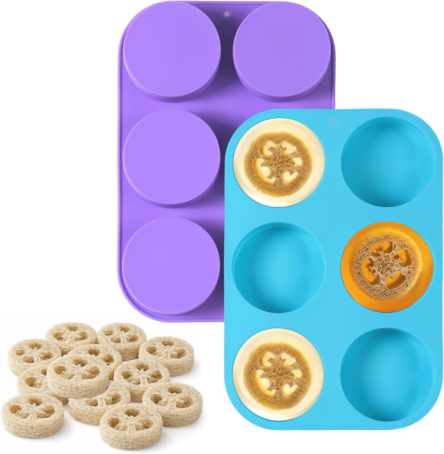 Sliner 2 Pcs 3 Inch Round Silicone Soap Molds & 12 Natural Loofah Sponges, Exfoliating Body Scrubbers for Soap Making, Shower Steamers, Bath Bombs, Lotion Bars - Suitable for Women and Men