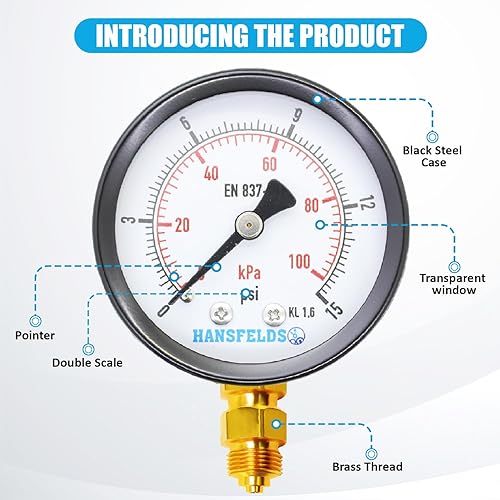 Miniatura 2 de Hansfelds Medidor de presión en seco de 0-100psi, 2 '' DIAL FACE*14NPT, fondo, caja de acero negro y bisel, ventana de vidrio, latón interno y