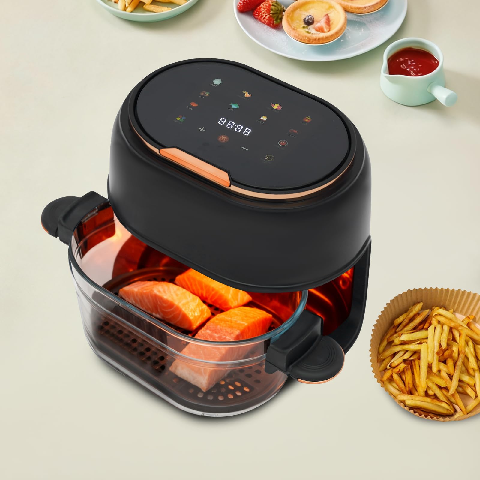 Freidora de aire caliente de 4 litros, con pantalla táctil, freidora de aire caliente con cesta de freír visible, freidora de aire caliente para comidas rápidas, alitas de pollo, pescado, carne (negro
