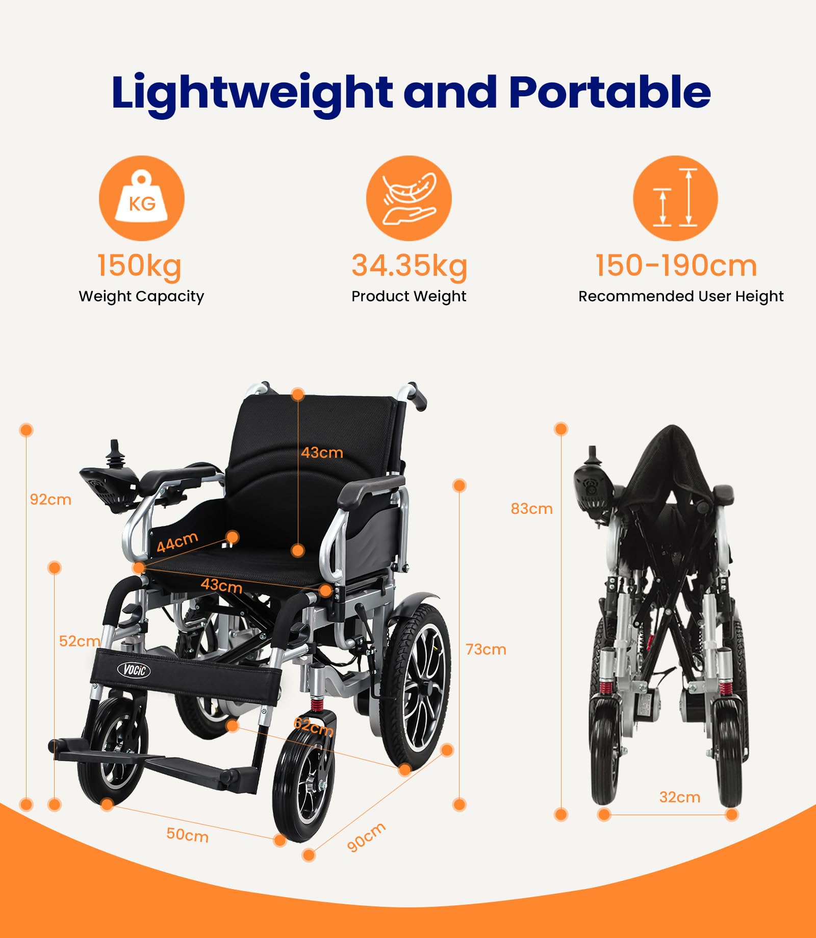 VOCIC V56 Silla de ruedas electrica plegable ligera 150KG,30KM silla ruedas electrico estable con neumáticos de goma 40CM para todos los terrenos,Aprobado por la aerolínea,Garantía de 5 años (Plata)