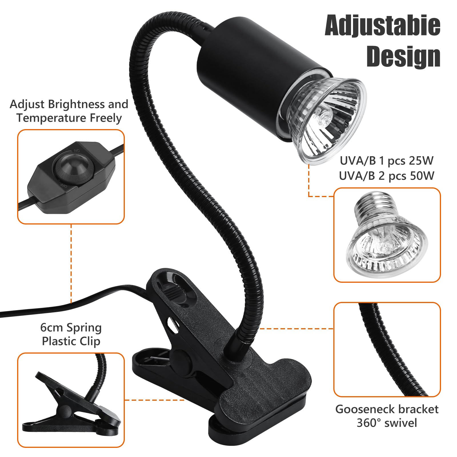 Schildkröten Wärmelampe, Reptilien Terrarium Lampe, UVB-Wärmeheizung, Reptilien Heizlampe mit einstellbarem Clip, für Schildkröte Eidechse Schlange Spinne Amphibien
