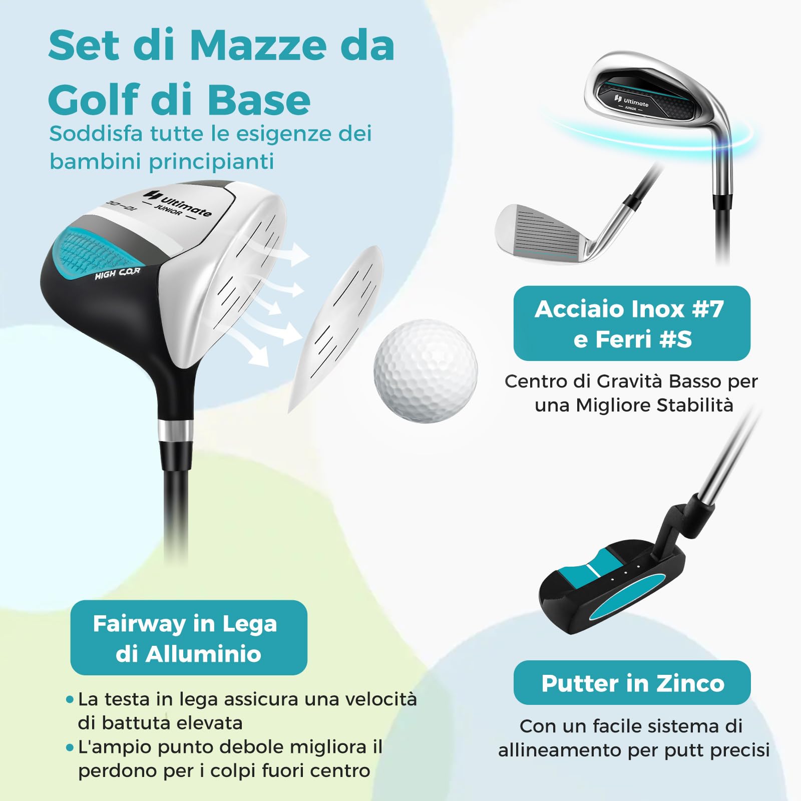 COSTWAY Set di Mazze da Golf per Bambini 8-10 Anni, Set Allenamento Golf con Sacca da Golf, Fodera Impermeabile, Driver 1, Ferro 7, Ferro S e Putter per Bambini e Bambine, Destrorso