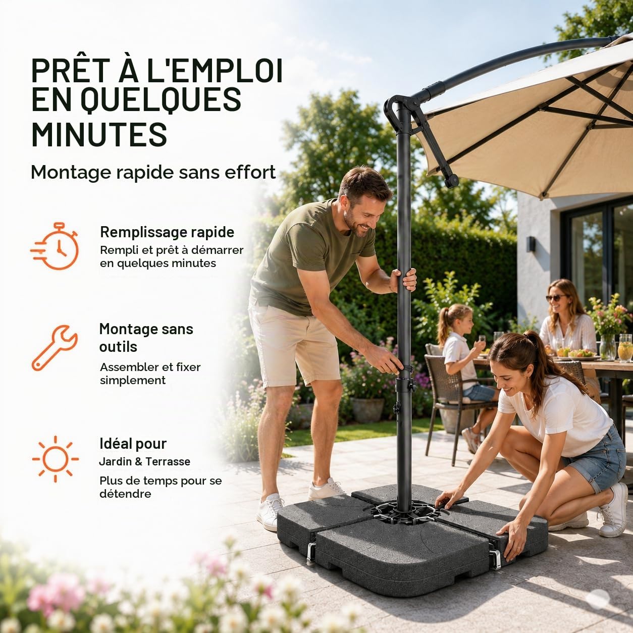 Pied de parasol pour parasol déporté - Poids à remplir pour croix de sol en plastique - Pied de parasol déporté (4 pièces jusqu'à 80 kg, plastique)