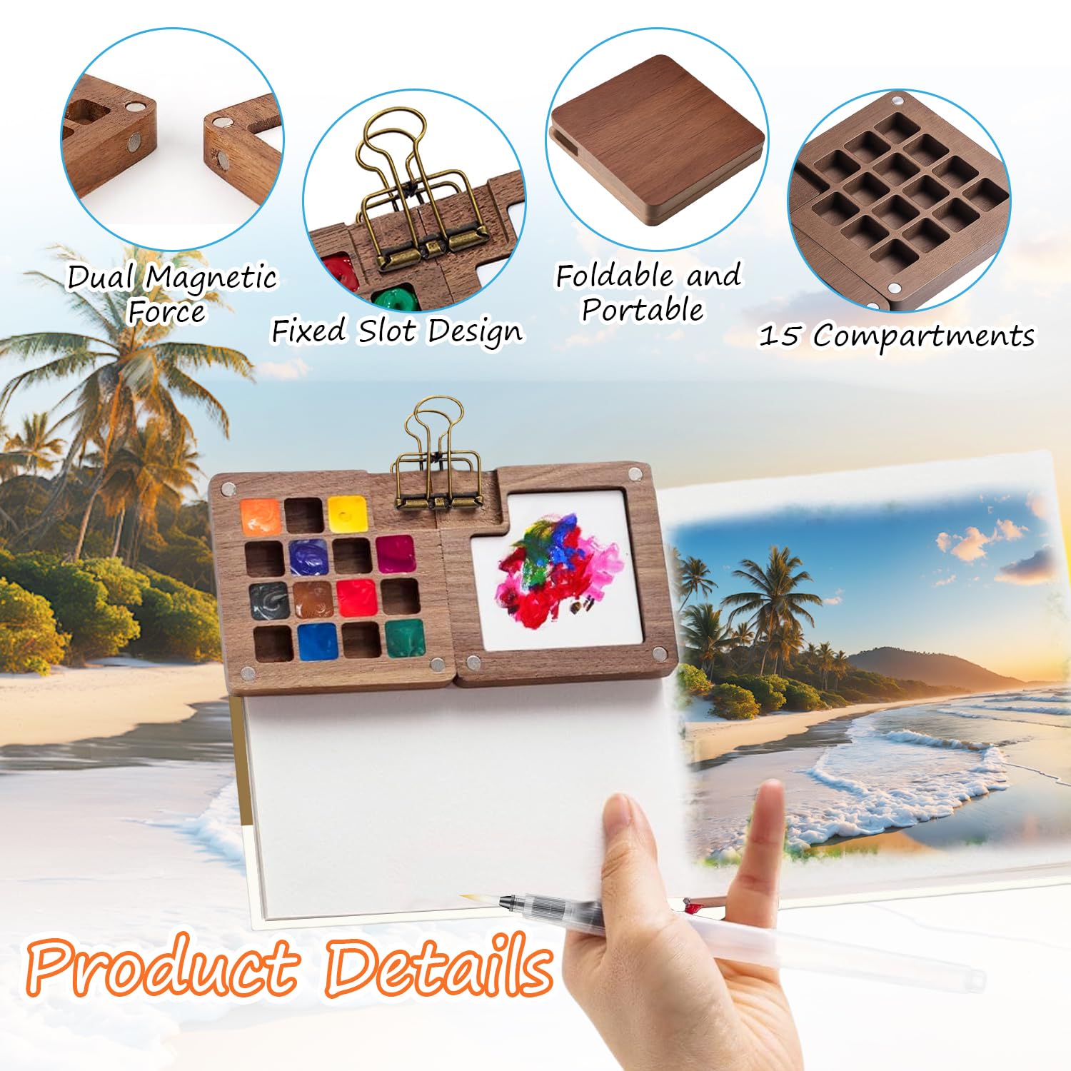 Tavolozza per Dipingere Wet Palette con 1 Quaderno Portatile per Schizzi ad Acquerello, 3 Pennello ad Acqua, 24 Acquerello 1 Clip in Metallo, Adatta L'acquerello,Pittura ad Olio e Gli Schizzi