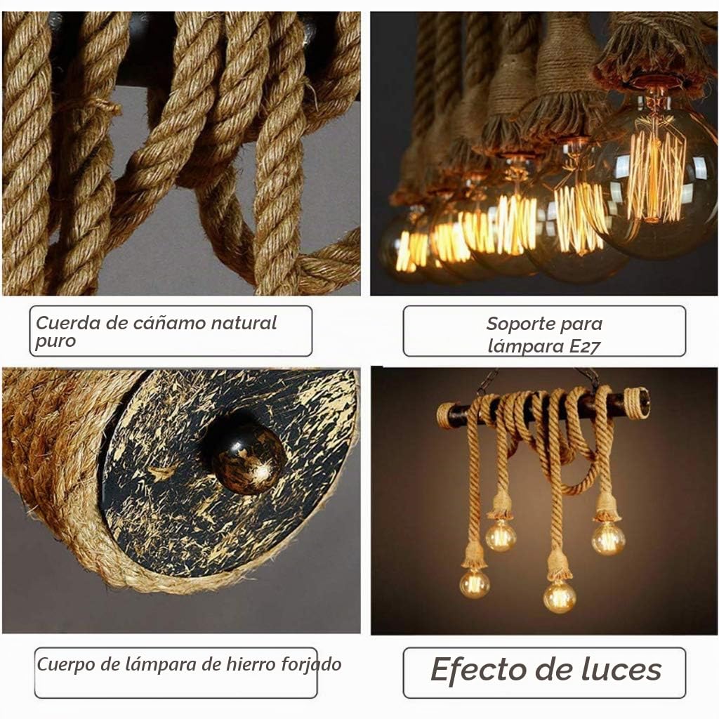 Lámparas De Araña Hierro Cuerda Cáñamo Industria Lámpara Colgante Retro E27*4 Araña De Luces Altura Ajustable Tejida A Mano Interior Living Iluminación Colgante Habitación Restaurante Bar