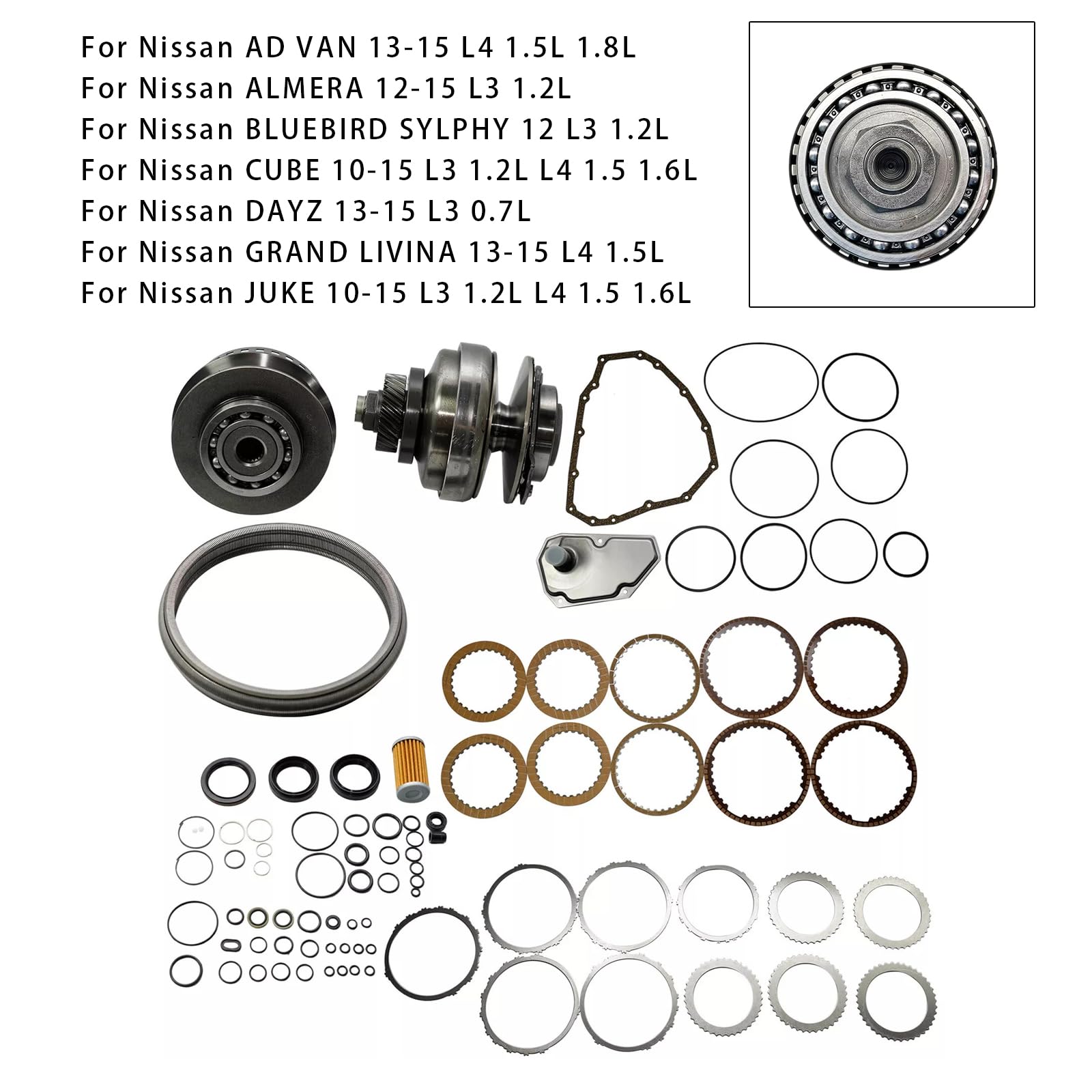 JF015E Transmission Master Rebuild Kit & Pulley Set para Nissan CVT Gear JF015E/RE0F11A con 30 dientes correa AD Van, Almera, para Juke, Qashqai, Micra, Versa, etc.