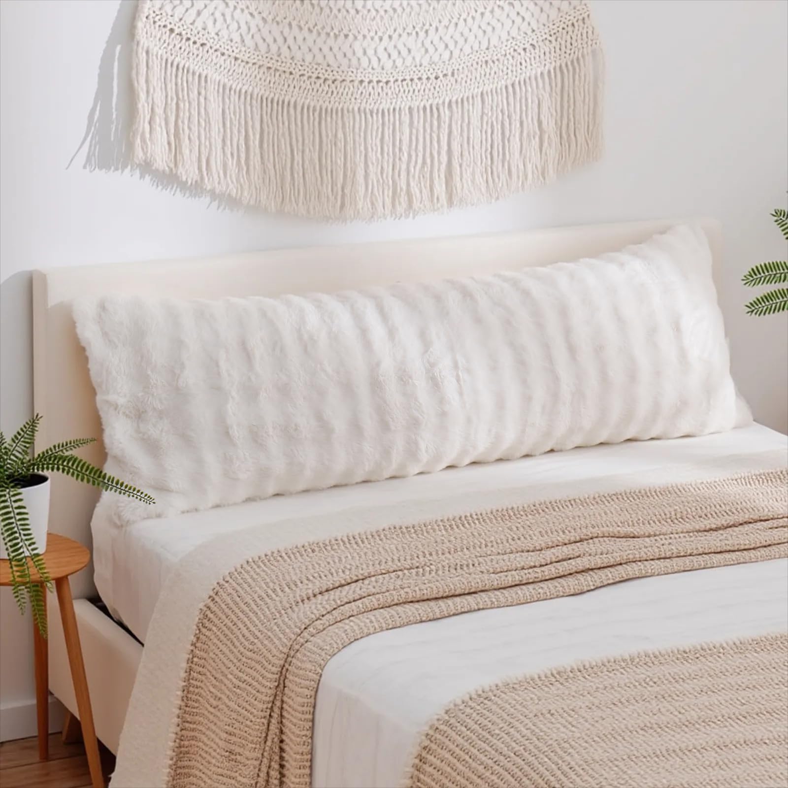 Chumerry Faux Fur Body Pillow Cover, Super Soft Fuzzy Plush Bedding Pillow Long Pillowcases 1 Pieces, Chic Striped Plaid Geometry Decorative White Body Pillowcase for Couch, Bed, 20 x 54 Inches