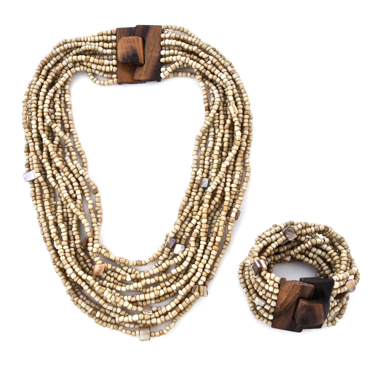 SHOP LC DELIVERING JOYHandmade Seed Bead Necklace & Bracelet Set - Boho Jewelry for Women - Layered Multi Strand Beaded Jewelry w/Wooden Clasp - Necklace Length 18" - Strechable Bracelet Birthday Gifts for Womens