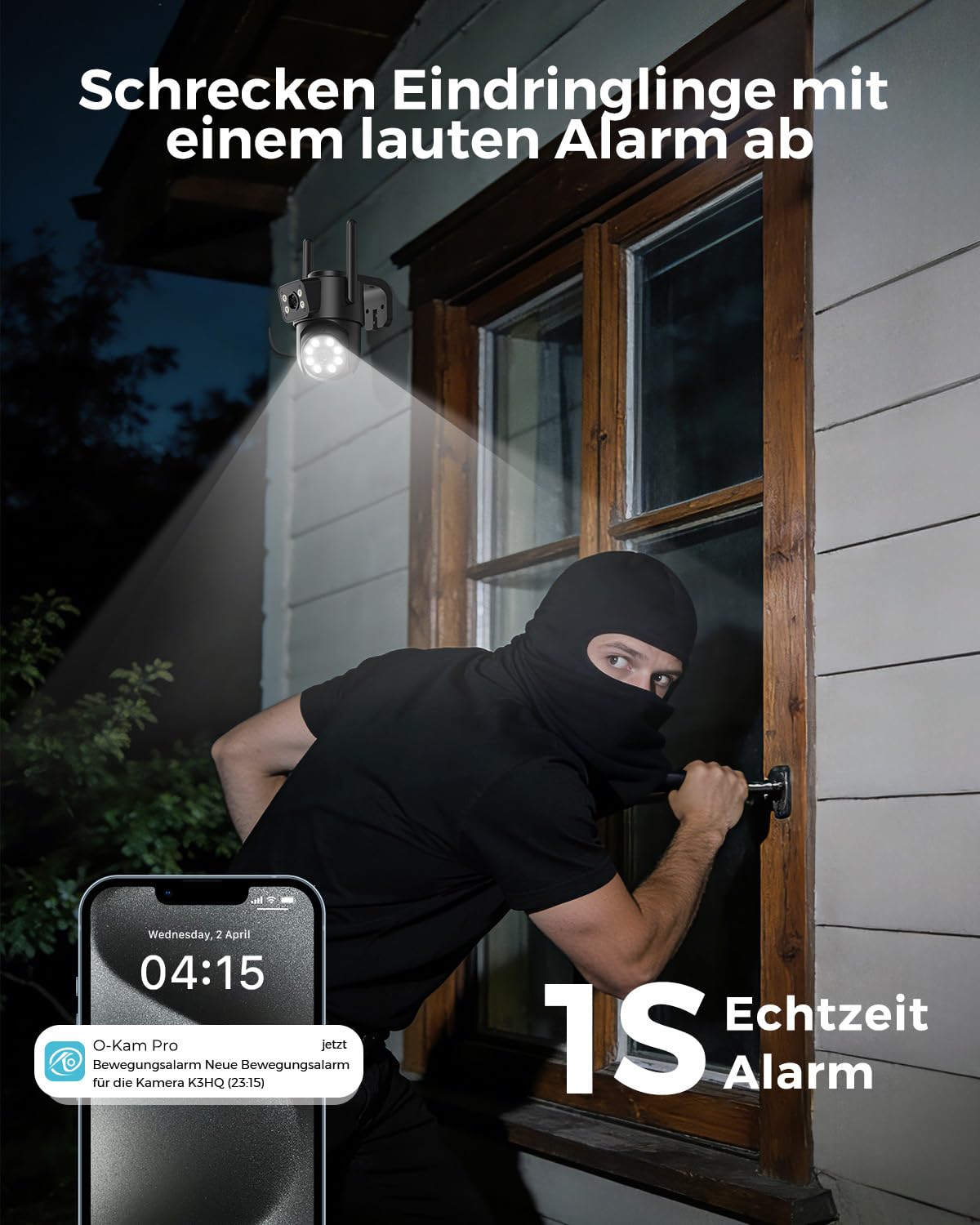 Reobiux 2K Überwachungskamera Aussen mit Doppelobjektiv, PTZ Kamera Überwachung Aussen, 2,4/5Ghz WLAN Kamera Outdoor mit Automatische Verfolgung, Farbiger Nachsicht, Zwei-Wege-Audio, 24/7 Aufnahme