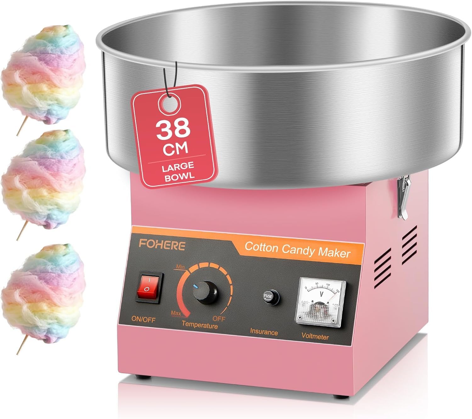 FOHERE Zuckerwattemaschine 1000W – Profi Zuckerwattegerät mit 38cm Edelstahlschüssel & Dosierlöffel – Schnelle Aufheizung, Einfache Reinigung – Ideal für Kindergeburtstag, Jahrmarkt & Partys
