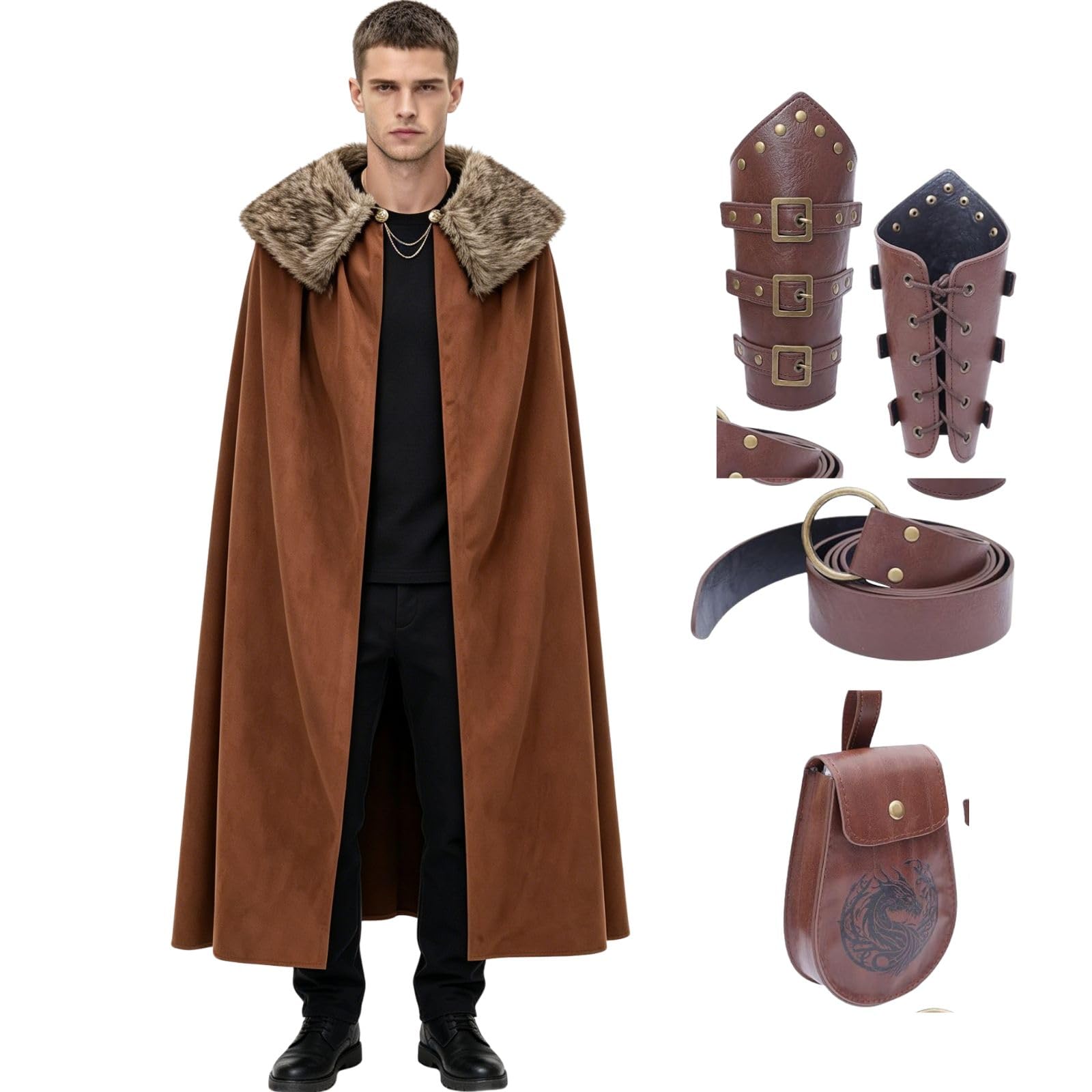maxToonrain Medieval Viking Cloak With Fur Collar, Renaissance King Cape Halloween Cosplay Costume for Adult (Brown, 150CM)