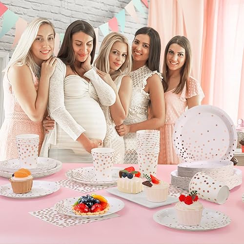 Miniatura 7 de 200 platos y servilletas de oro rosa, decoraciones de fiesta de oro rosa para 50 invitados, platos de papel de lunares dorados para decoraciones de