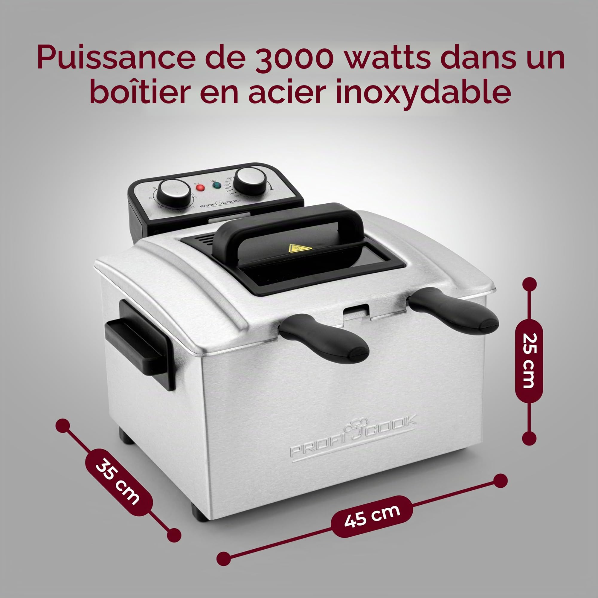 ProfiCook PC-FR 1038 Friteuse double, 2 petits & 1 grand paniers à friture, capacité 5 litres, filtre permanent contre les odeurs et les graisses, 3000 watts, boîtier en inox