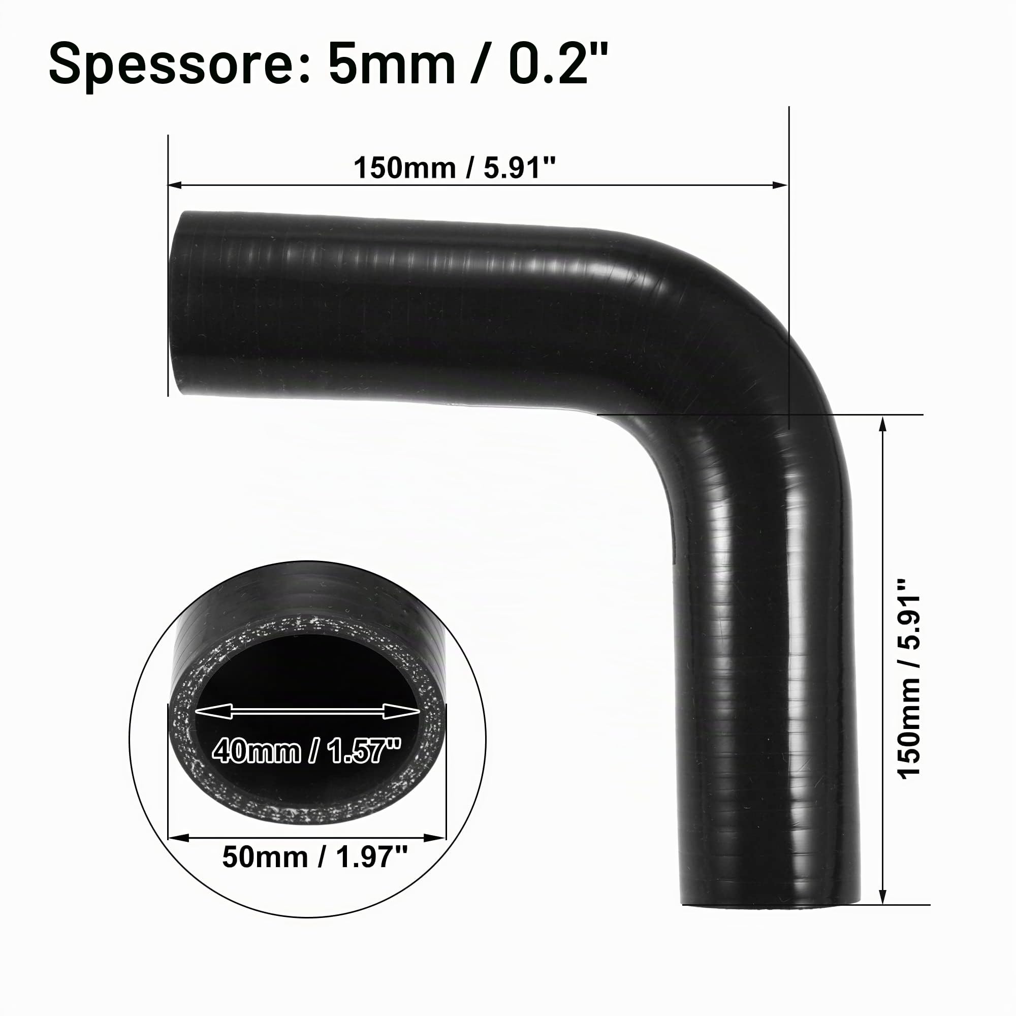 A ABSOPRO Accoppiatore Tubo Flessibile Silicone 90 Gradi Per Auto Nero 1Pc | Diametro Esterno 50mm, Spessore 5mm, Lunghezza 150mm, Temperatura -60°C~300°C, Universale
