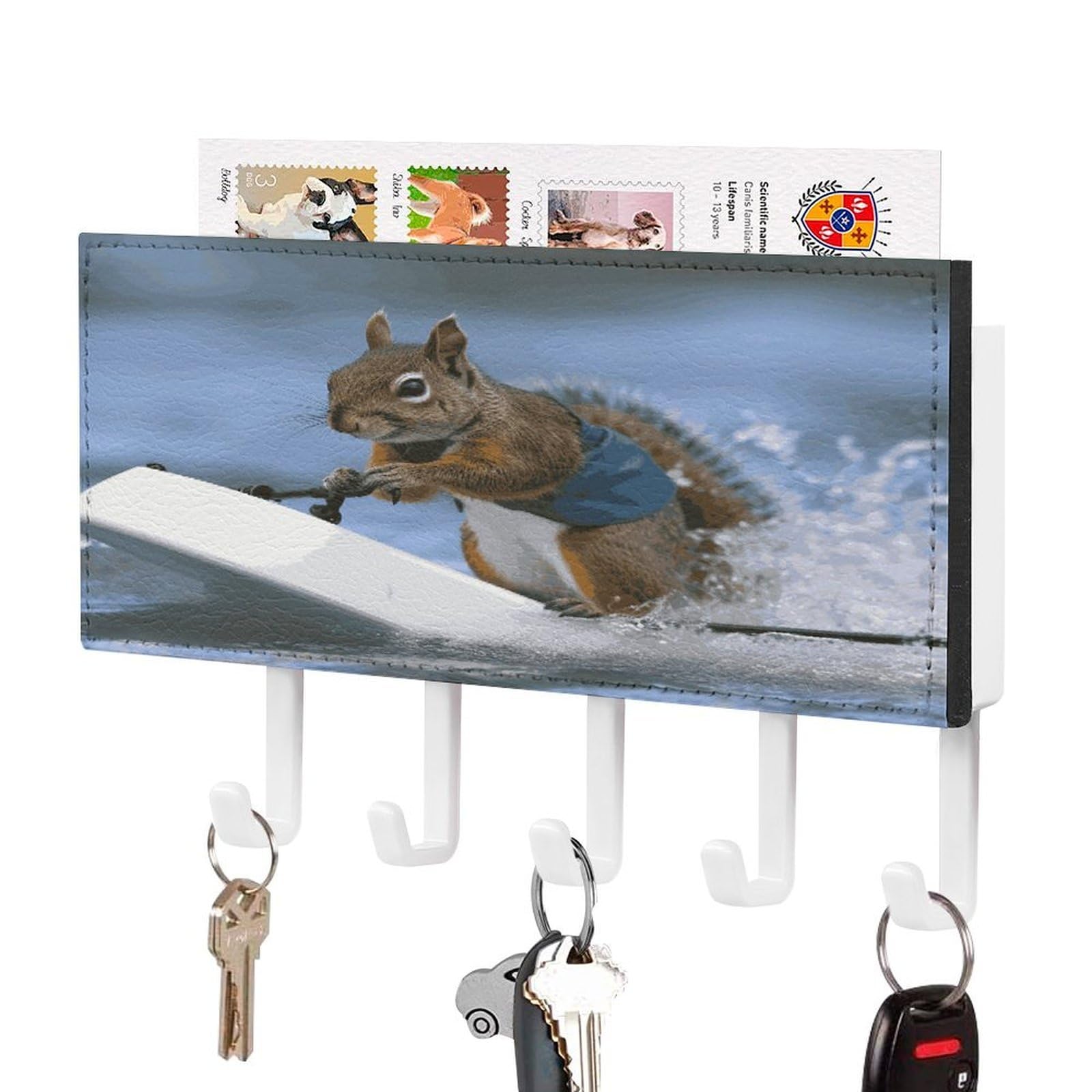 LDGSUPH Water Skiing Squirrel Key Holder Wall Mount Key Hanger with 5 Hooks Fashion Key Organizer Rack Hanging Key Hooks with Mail Organizer Key Rack for Home Entryway Hallway White-Style